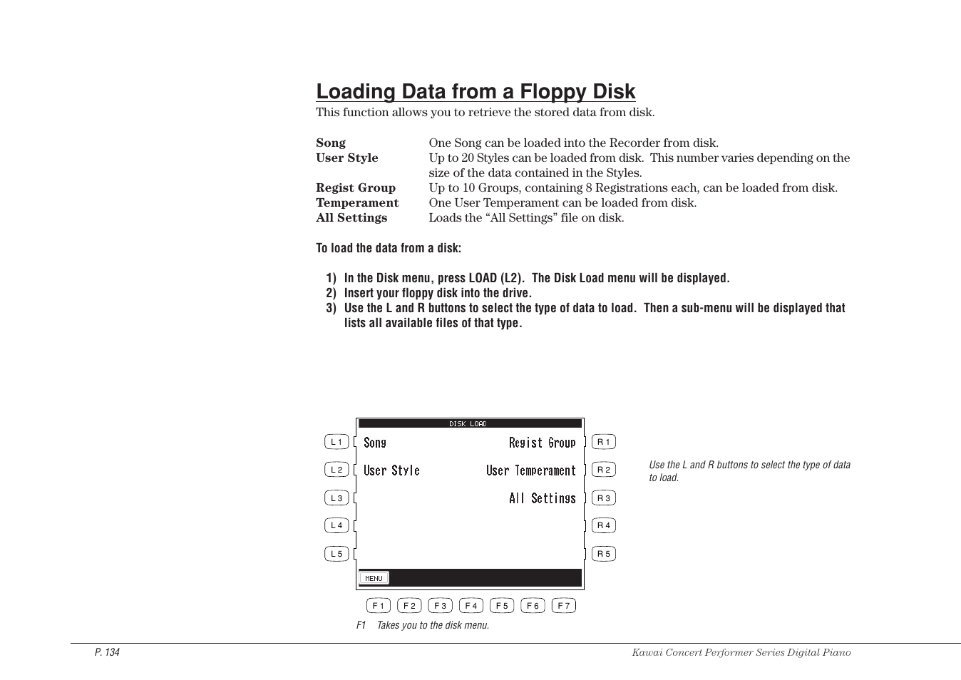 Loading data from a floppy disk | Kawai CP115 User Manual | Page 140 / 182