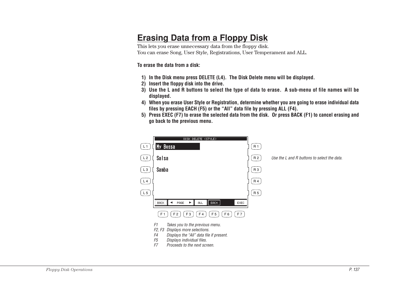 Erasing data from a floppy disk | Kawai CP115 User Manual | Page 143 / 182