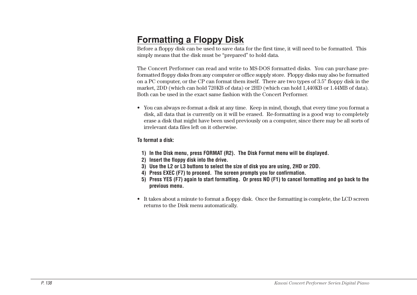 Formatting a floppy disk | Kawai CP115 User Manual | Page 144 / 182