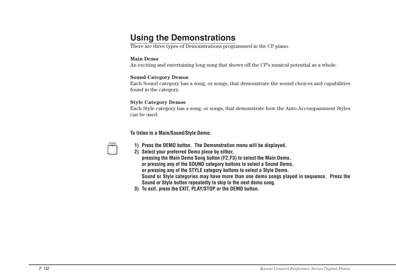 Using the demonstrations | Kawai CP115 User Manual | Page 148 / 182