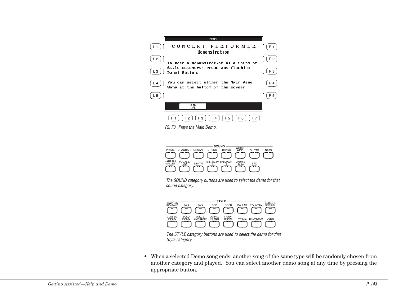 Getting assisted—help and demo p. 143, F2, f3 plays the main demo | Kawai CP115 User Manual | Page 149 / 182