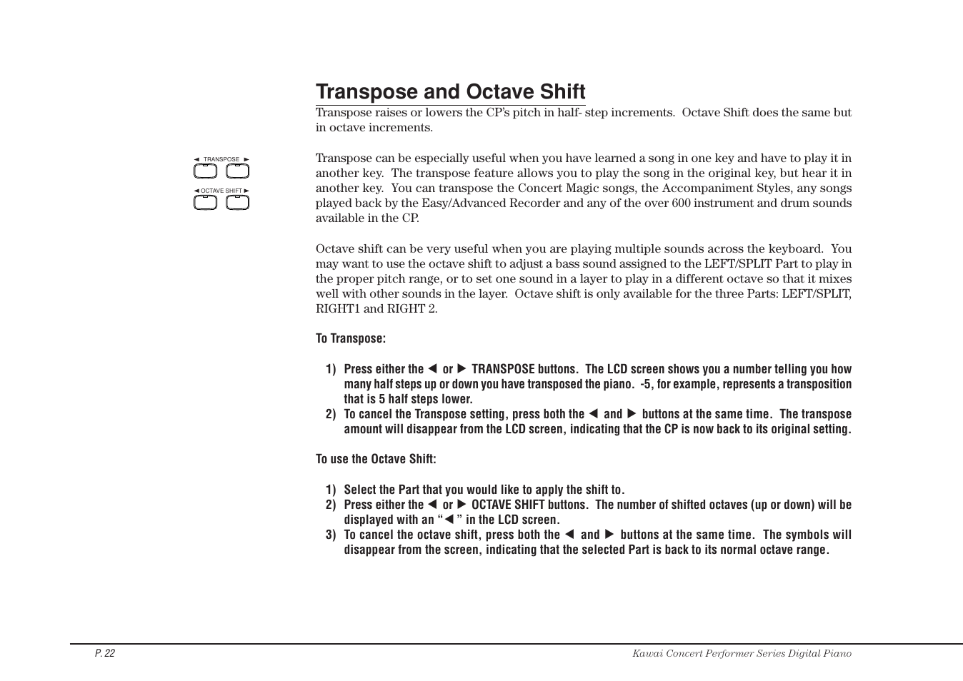 Transpose and octave shift | Kawai CP115 User Manual | Page 28 / 182