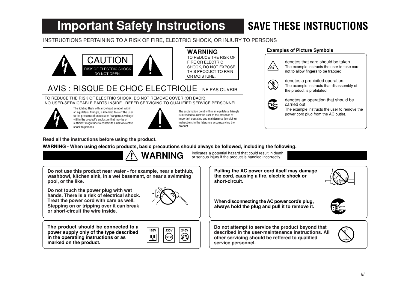 Important safety instructions, Save these instructions, Caution | Warning, Avis : risque de choc electrique | Kawai CP115 User Manual | Page 3 / 182