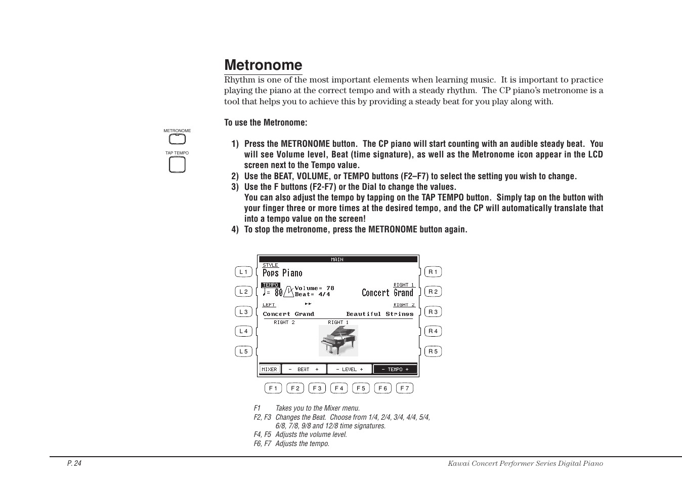 Metronome | Kawai CP115 User Manual | Page 30 / 182