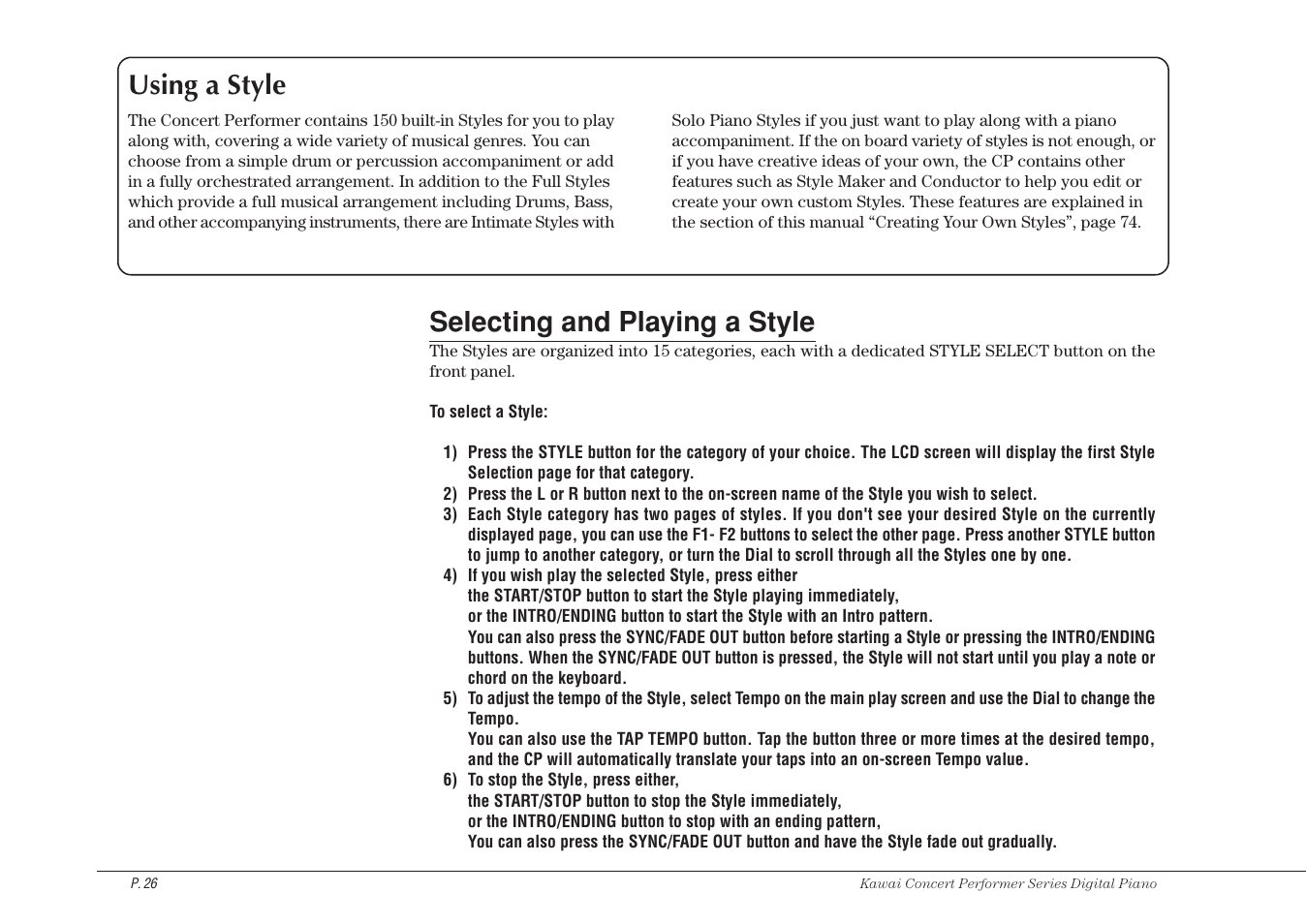 Using a style, Selecting and playing a style | Kawai CP115 User Manual | Page 32 / 182