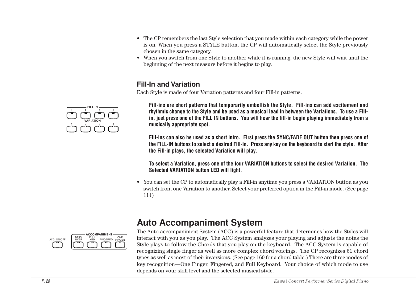 Auto accompaniment system, Fill-in and variation | Kawai CP115 User Manual | Page 34 / 182