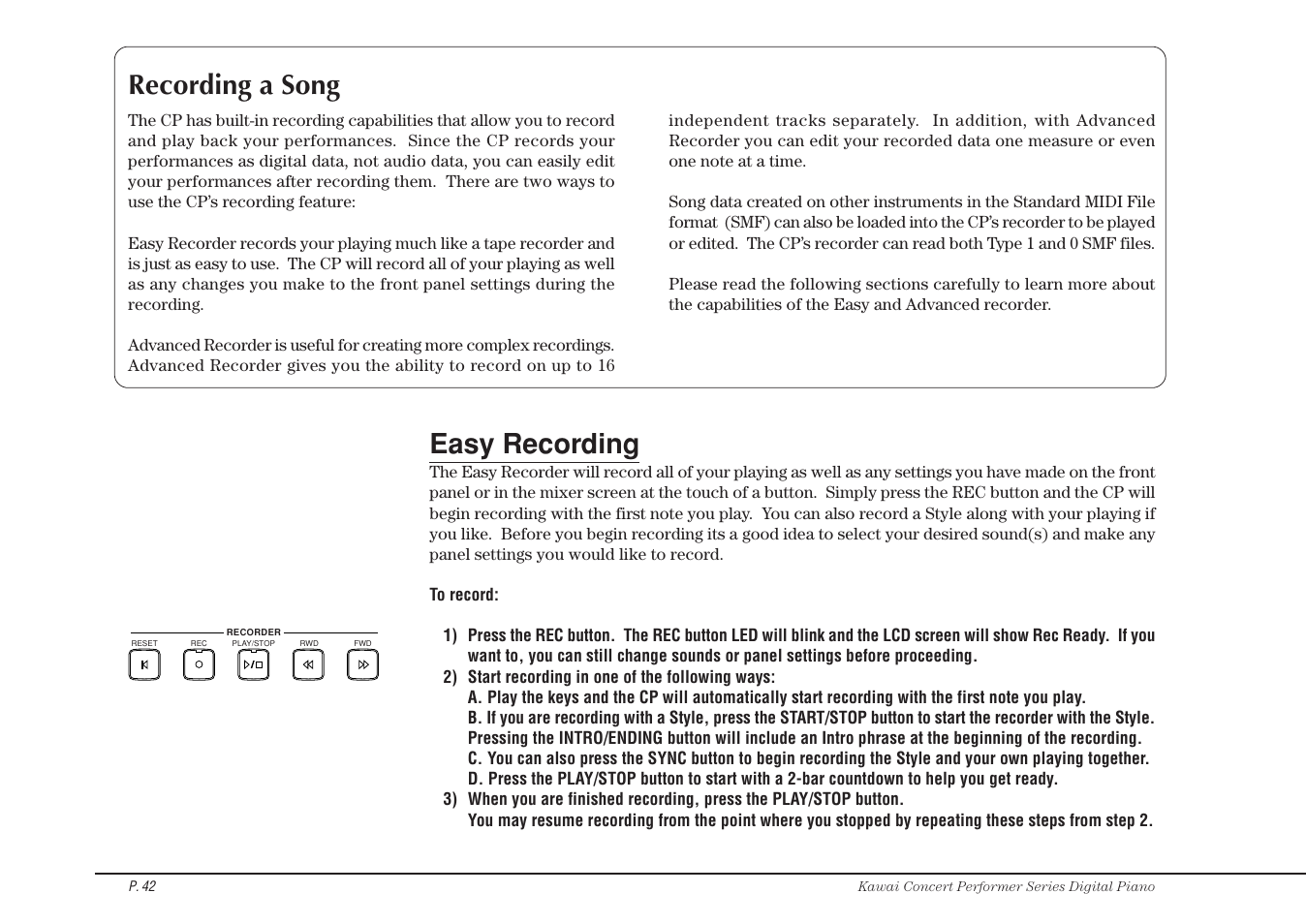 Recording a song, Easy recording | Kawai CP115 User Manual | Page 48 / 182