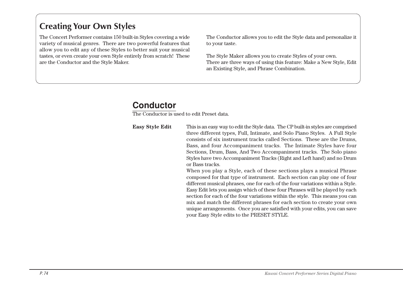 Creating your own styles, Conductor | Kawai CP115 User Manual | Page 80 / 182