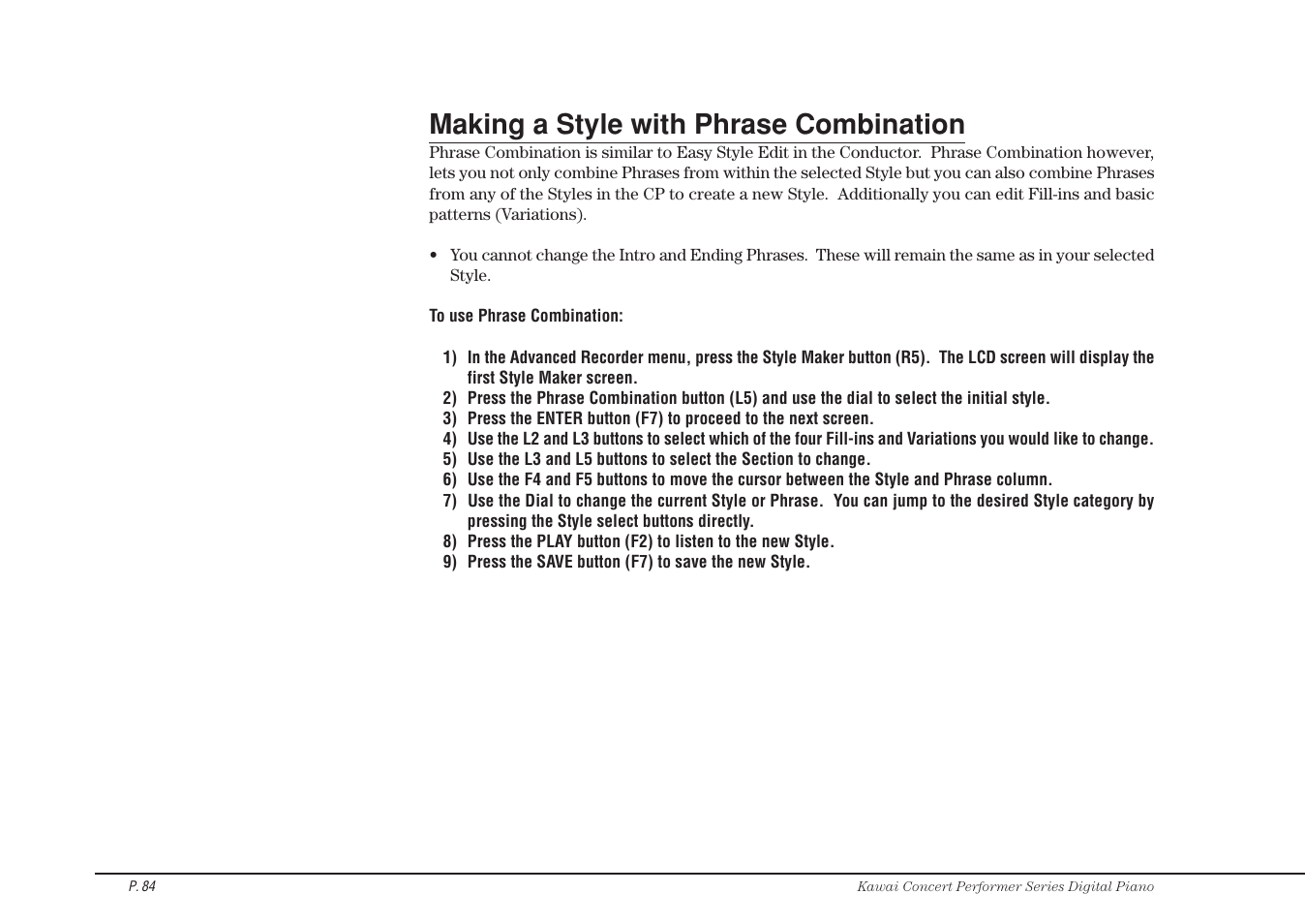 Making a style with phrase combination | Kawai CP115 User Manual | Page 90 / 182