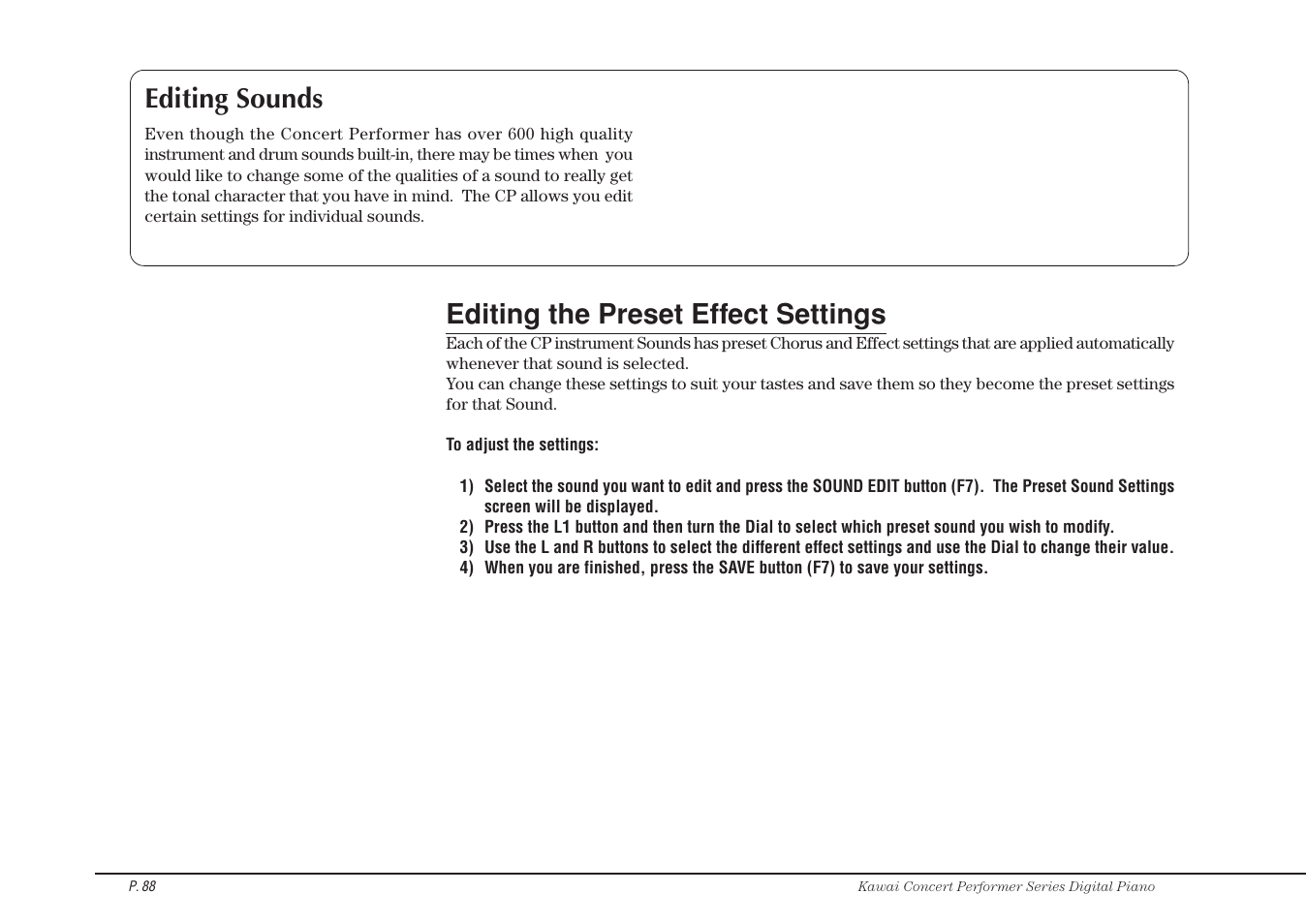 Editing sounds, Editing the preset effect settings | Kawai CP115 User Manual | Page 94 / 182