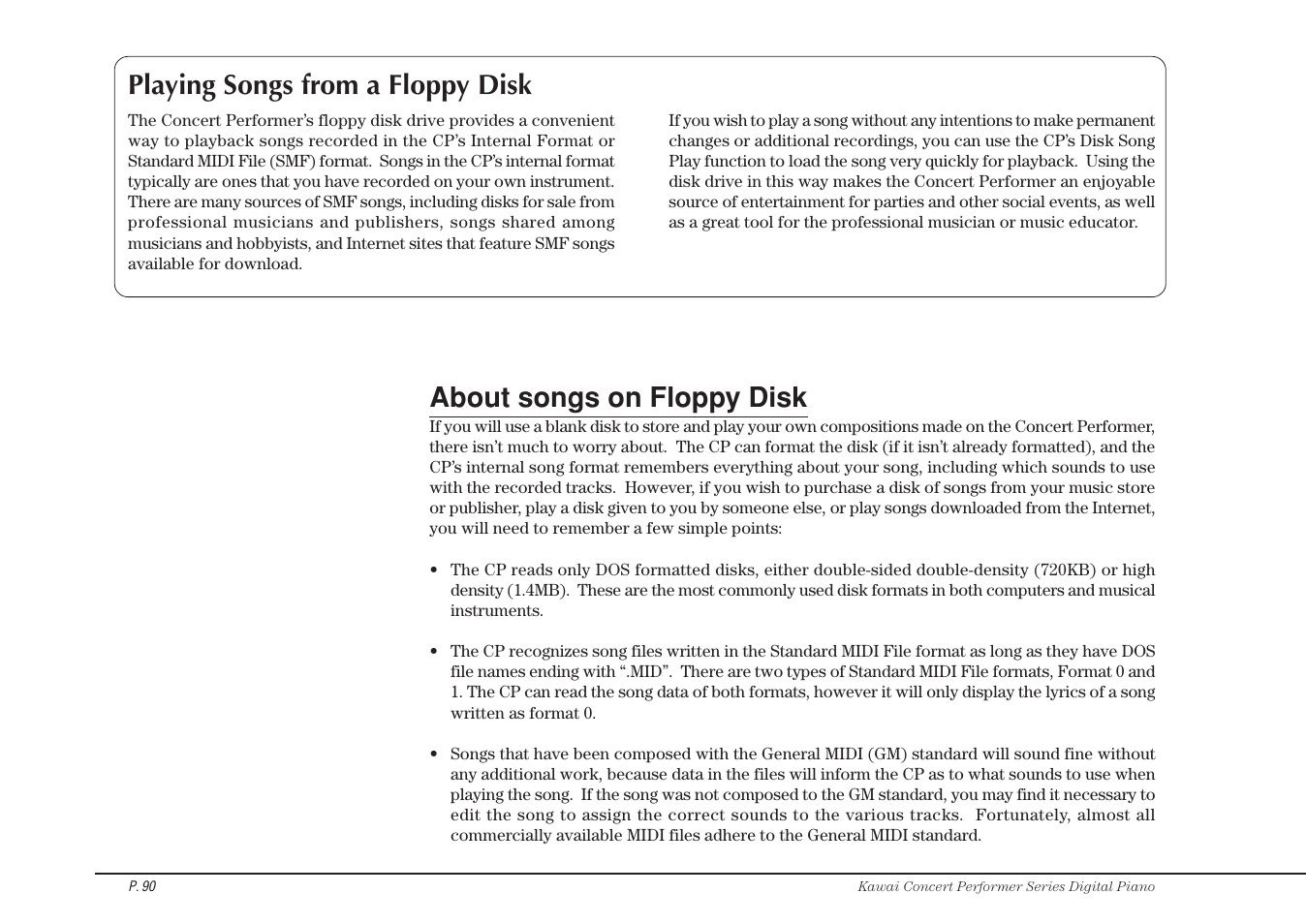 About songs on floppy disk, Playing songs from a floppy disk | Kawai CP115 User Manual | Page 96 / 182