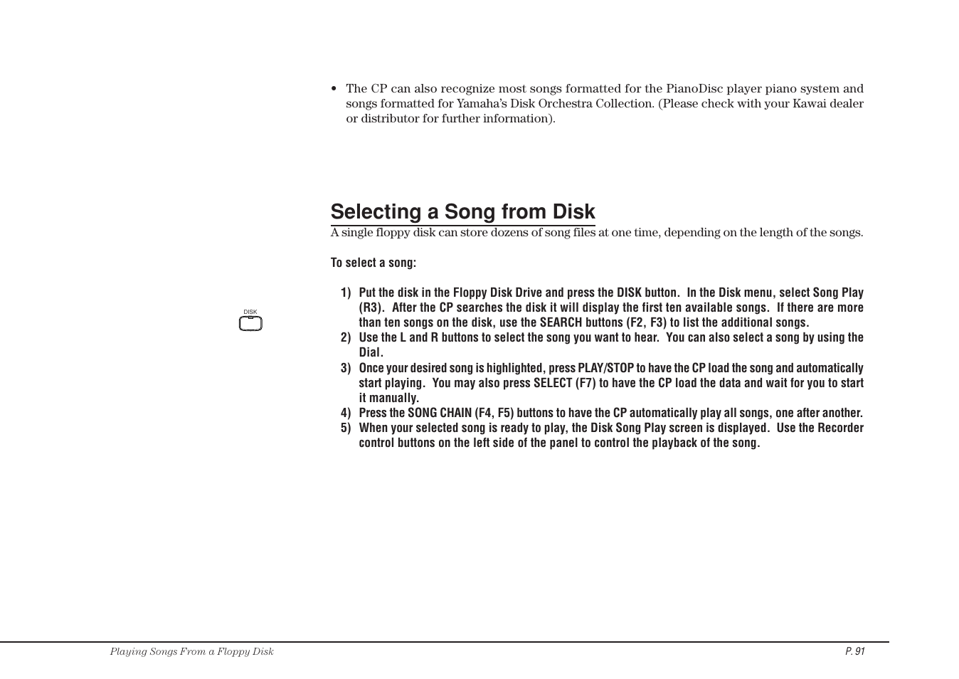 Selecting a song from disk | Kawai CP115 User Manual | Page 97 / 182