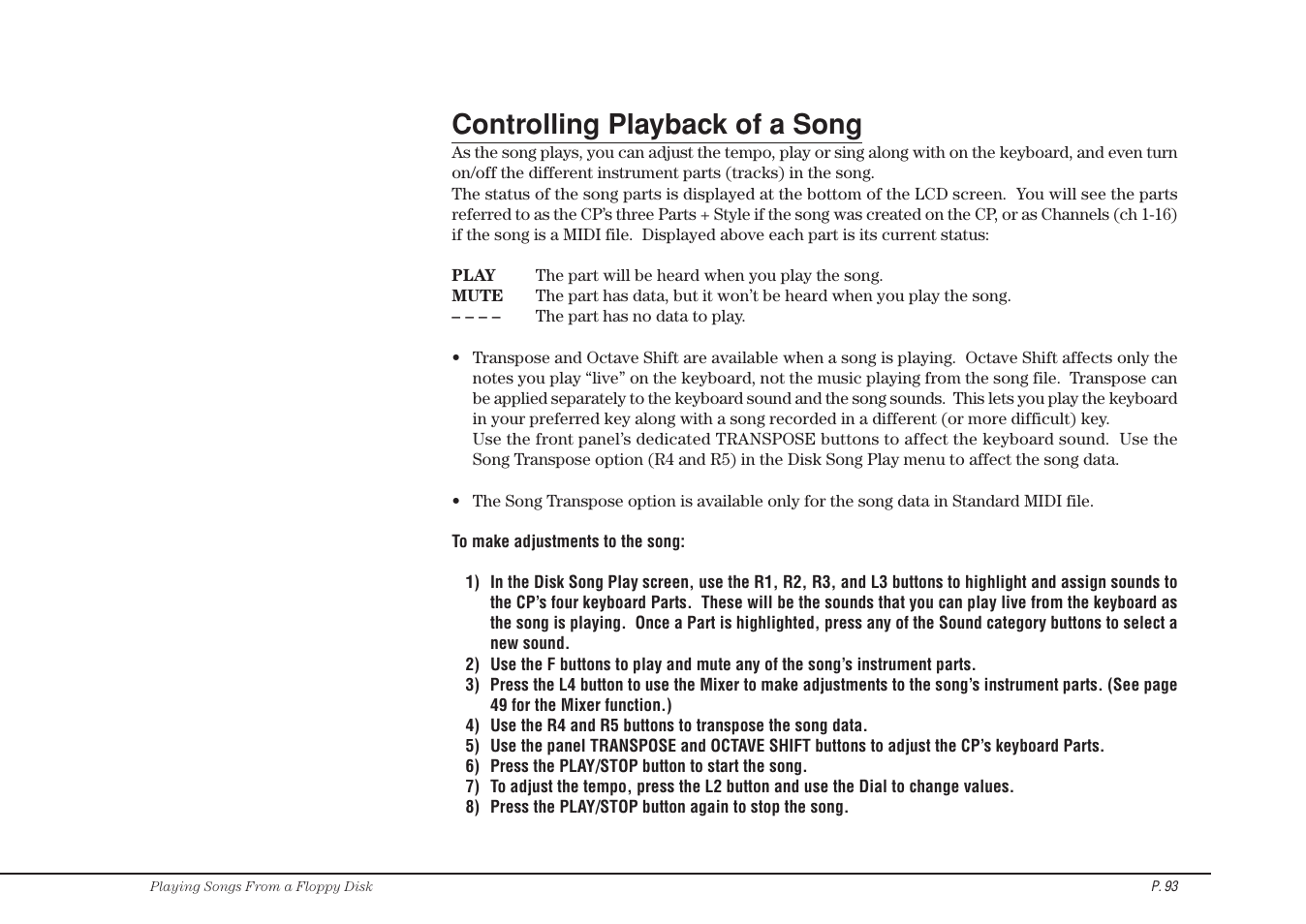 Controlling playback of a song | Kawai CP115 User Manual | Page 99 / 182