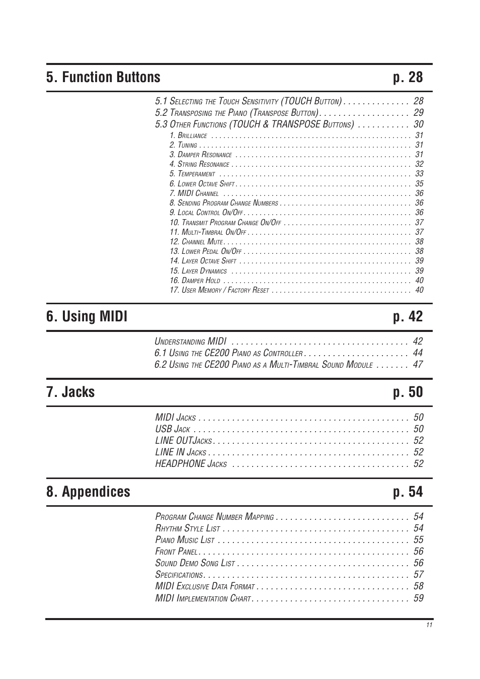 Function buttons p. 28, Jacks p. 50, Appendices p. 54 | Using midi p. 42 | Kawai CE200 User Manual | Page 11 / 60