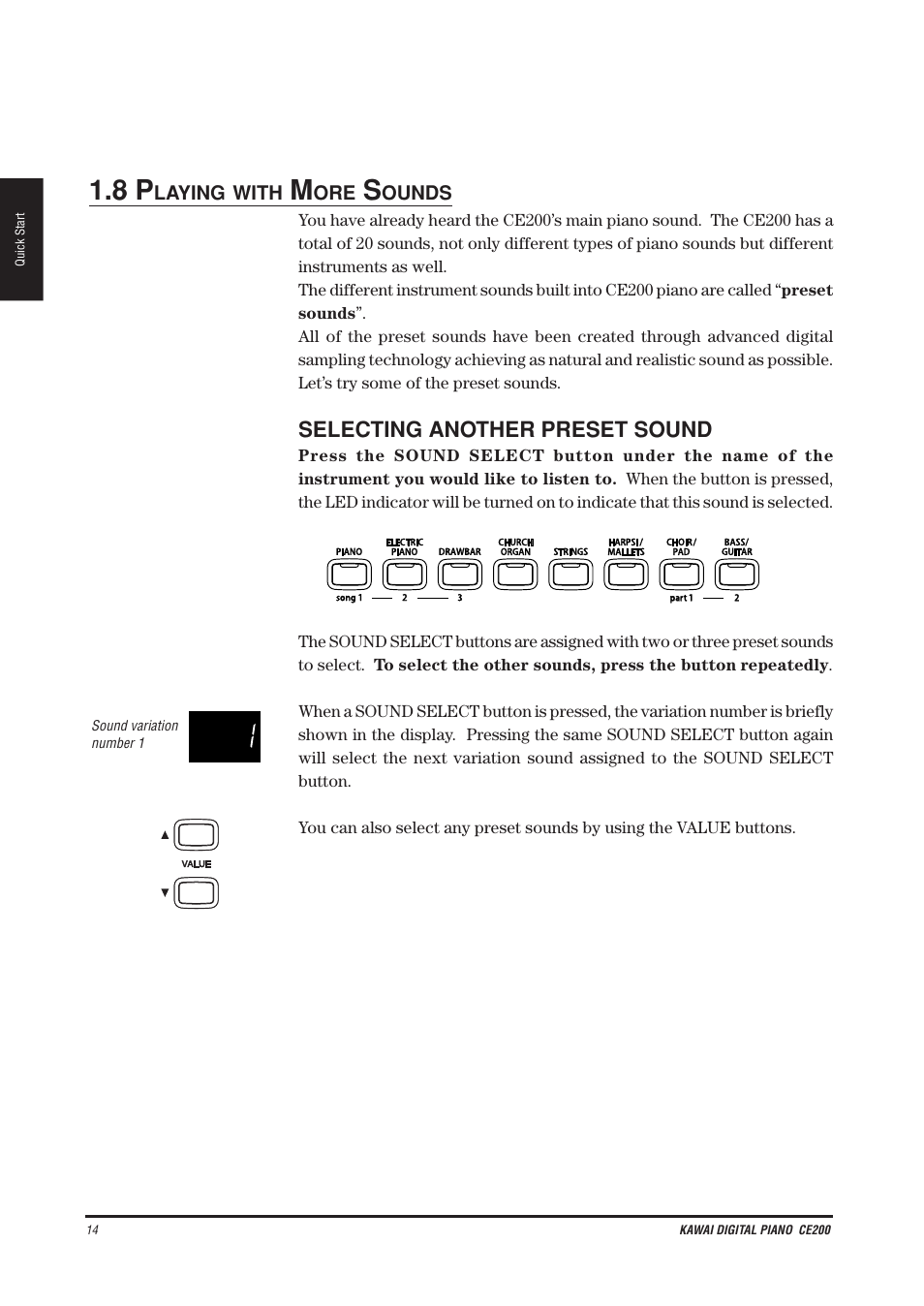 Selecting another preset sound | Kawai CE200 User Manual | Page 14 / 60