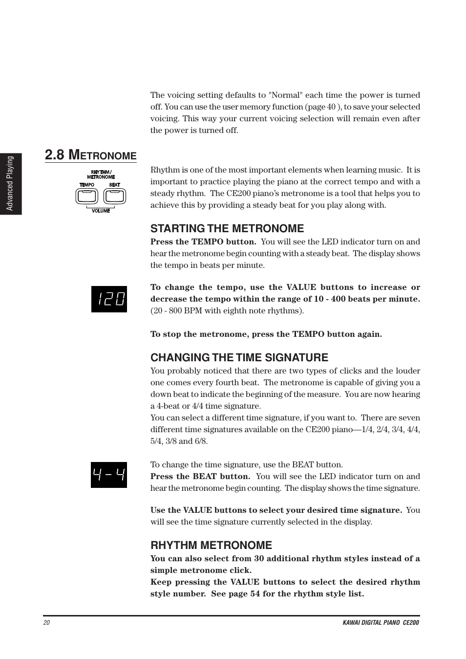 Starting the metronome, Changing the time signature, Rhythm metronome | Kawai CE200 User Manual | Page 20 / 60