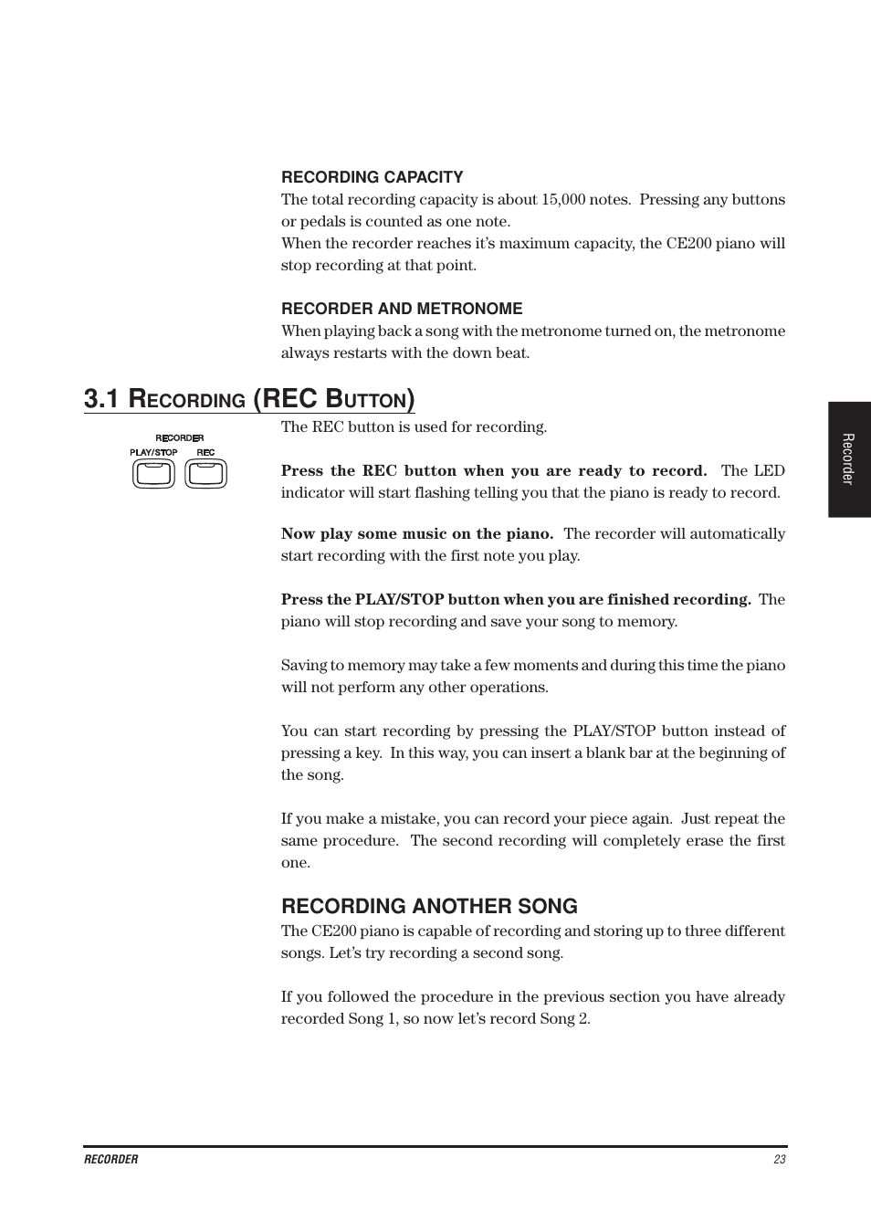 Rec b, Recording another song | Kawai CE200 User Manual | Page 23 / 60