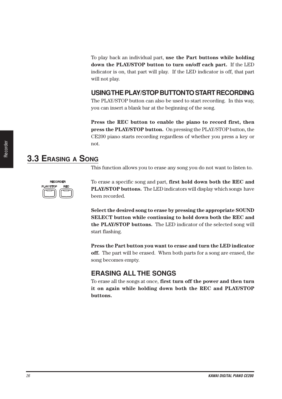 Using the play/stop button to start recording, Erasing all the songs | Kawai CE200 User Manual | Page 26 / 60