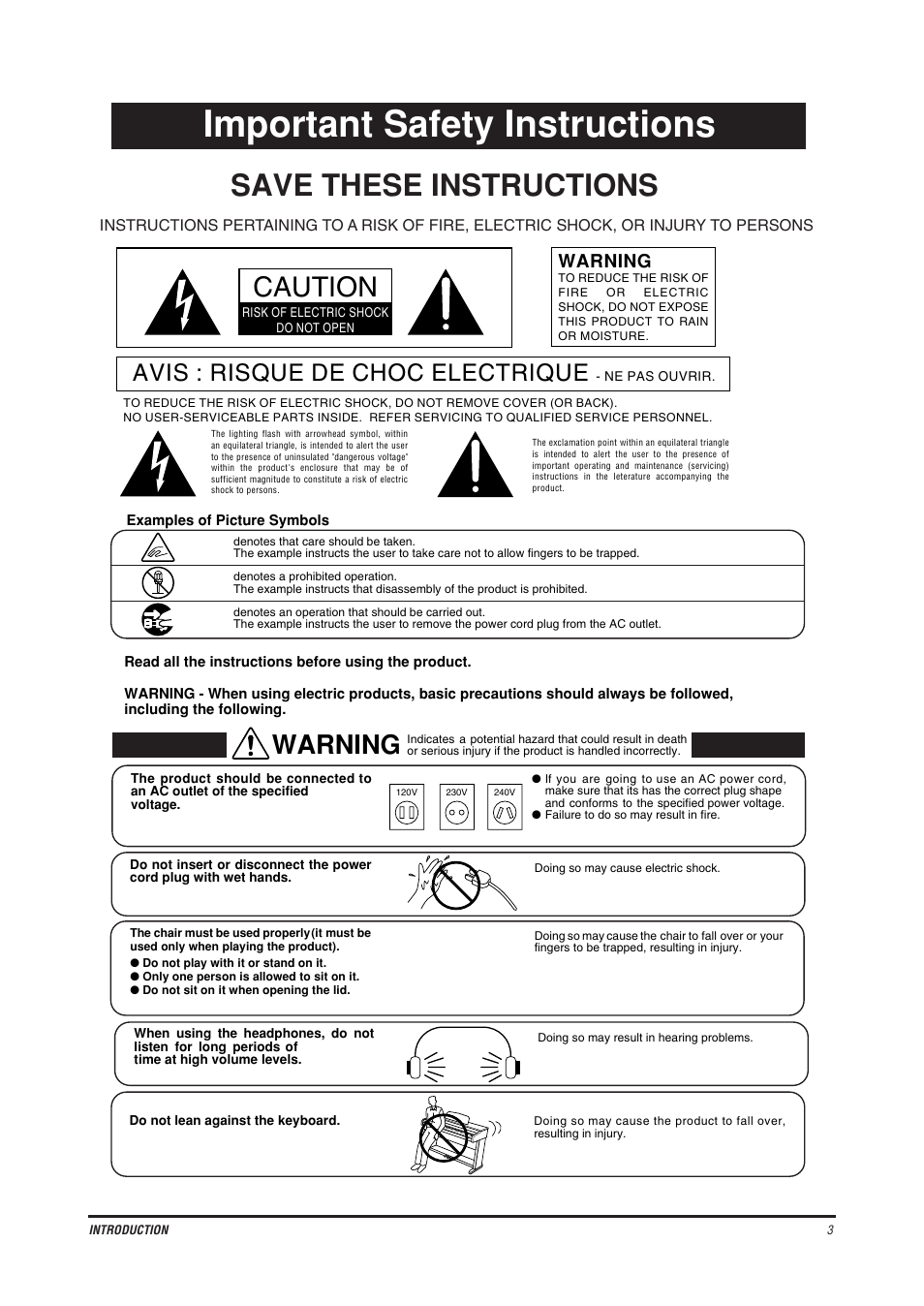 Important safety instructions, Save these instructions, Caution | Warning, Avis : risque de choc electrique | Kawai CE200 User Manual | Page 3 / 60