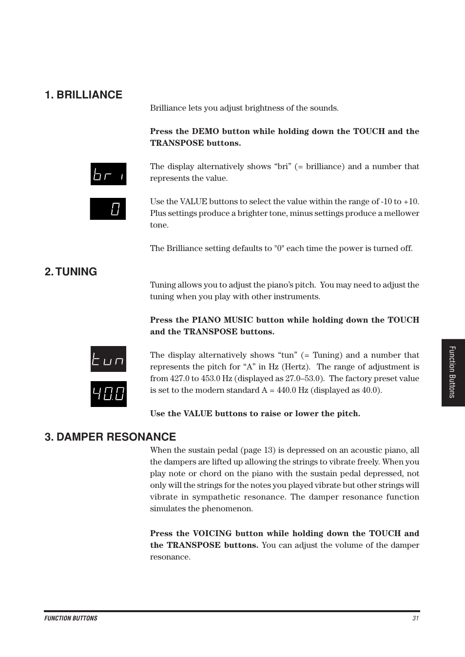 Brilliance, Tuning, Damper resonance | Kawai CE200 User Manual | Page 31 / 60