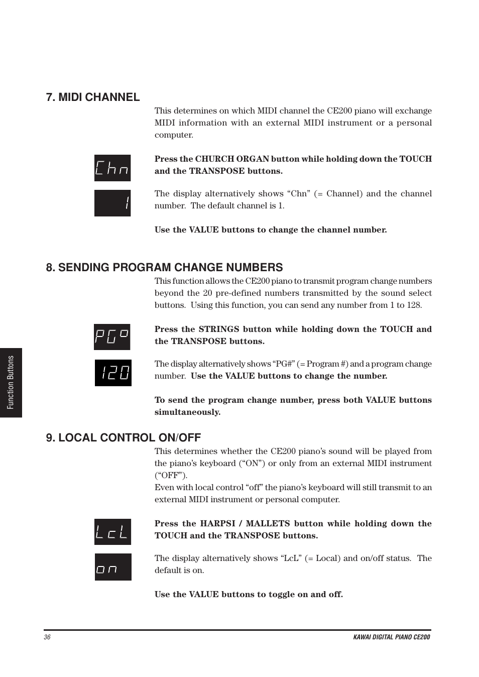 Midi channel, Sending program change numbers, Local control on/off | Kawai CE200 User Manual | Page 36 / 60