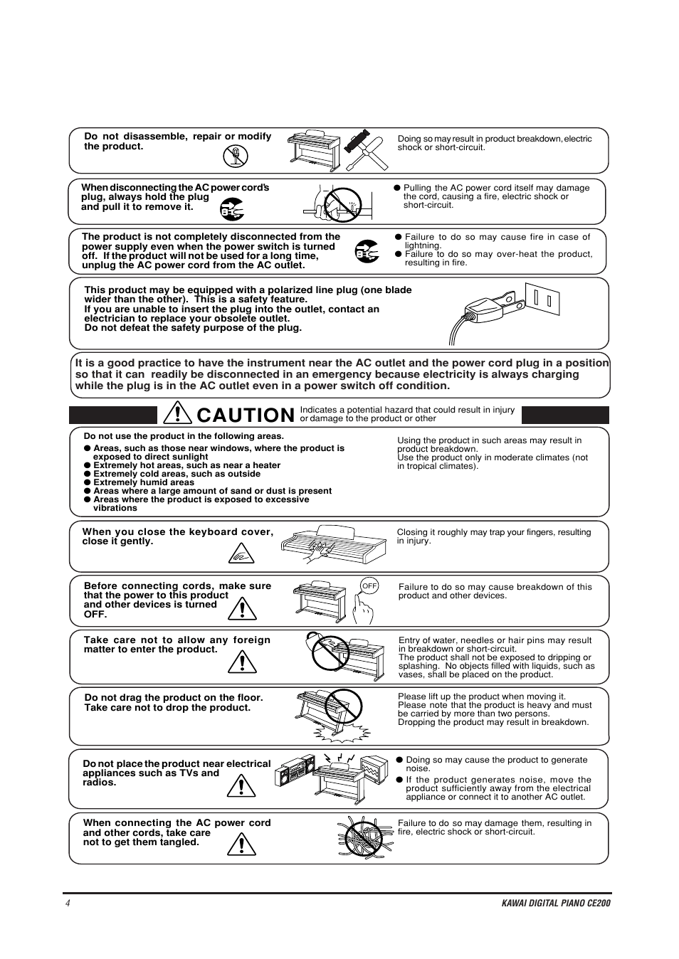 Caution | Kawai CE200 User Manual | Page 4 / 60