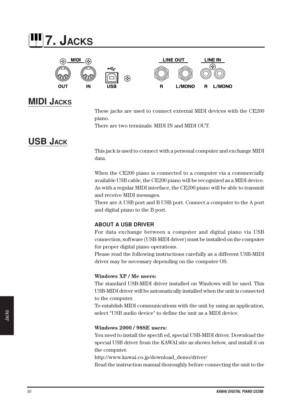 Acks, Midi j, Usb j | Kawai CE200 User Manual | Page 50 / 60