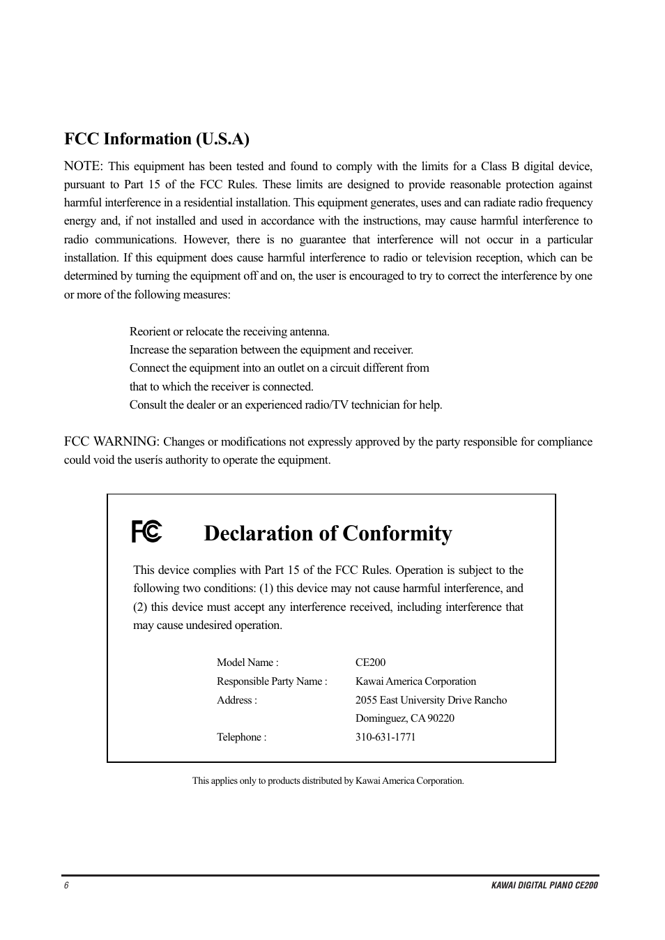 Declaration of conformity, Fcc information (u.s.a) | Kawai CE200 User Manual | Page 6 / 60