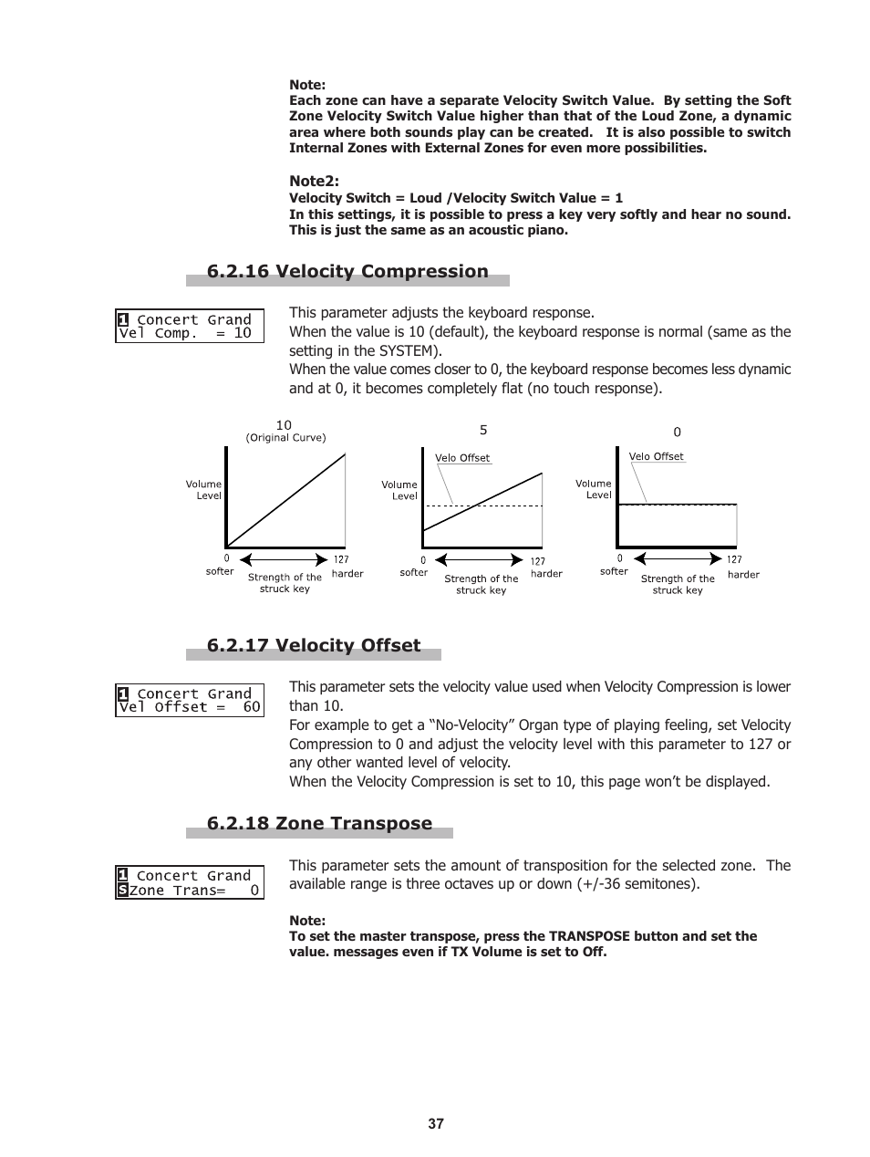16 velocity compression, 17 velocity offset, 18 zone transpose | Kawai Stage Piano MP5 User Manual | Page 37 / 76