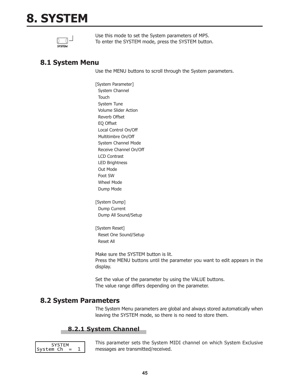 System, 1 system menu, 2 system parameters | Kawai Stage Piano MP5 User Manual | Page 45 / 76