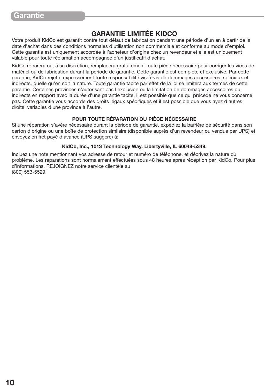 10 garantie | Kidco The Metro Gateway G170 User Manual | Page 10 / 22