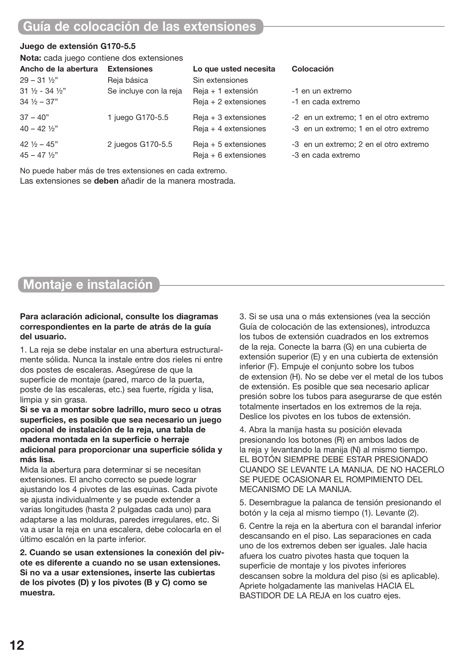 Montaje e instalación, 12 guía de colocación de las extensiones | Kidco The Metro Gateway G170 User Manual | Page 12 / 22