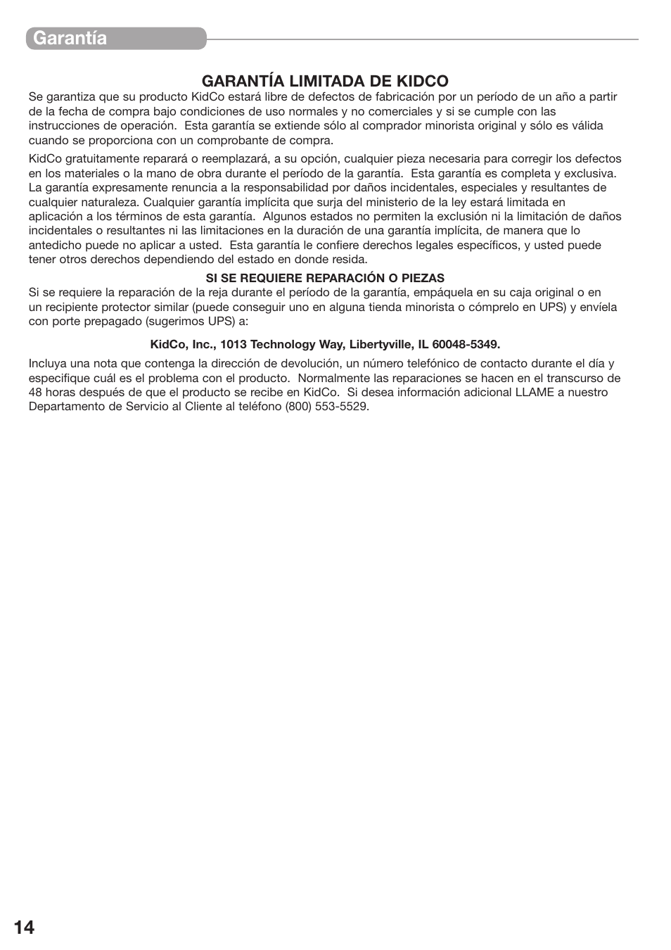 14 garantía | Kidco The Metro Gateway G170 User Manual | Page 14 / 22