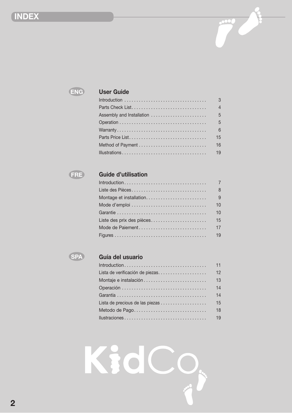 Index, User guide, Guide d’utilisation | Guía del usuario | Kidco The Metro Gateway G170 User Manual | Page 2 / 22