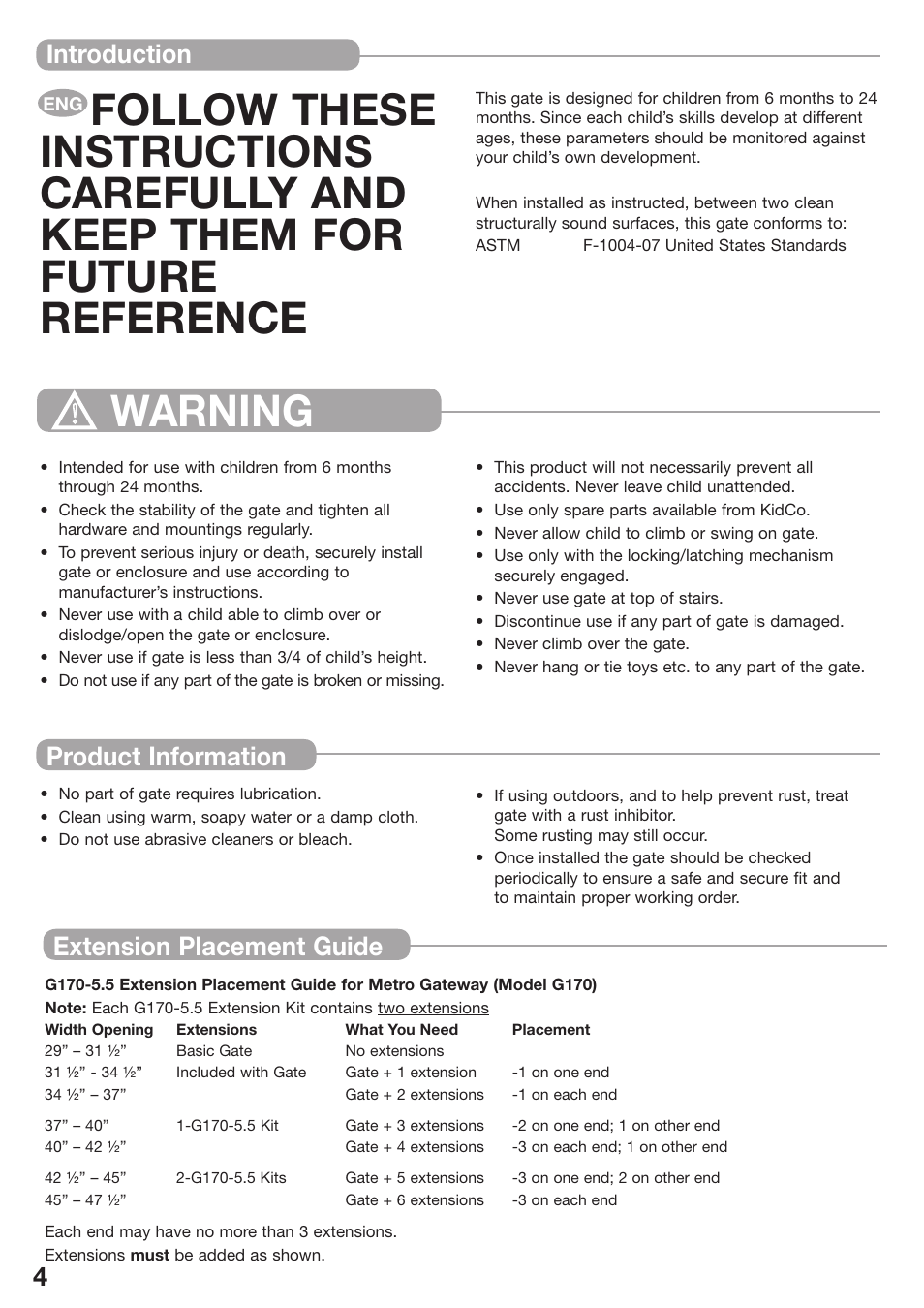 Warning, Introduction product information, Extension placement guide | Kidco The Metro Gateway G170 User Manual | Page 4 / 22