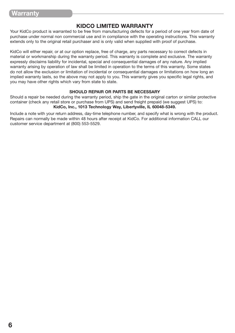 6warranty | Kidco The Metro Gateway G170 User Manual | Page 6 / 22