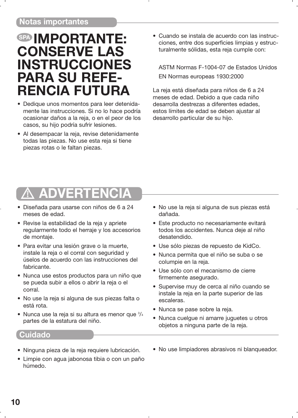 Advertencia, 10 notas importantes cuidado | Kidco HearthGate G70d User Manual | Page 10 / 22