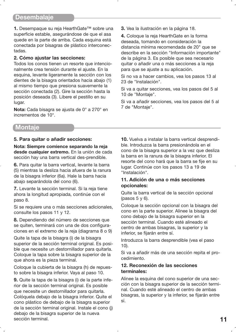 11 desembalaje, Montaje | Kidco HearthGate G70d User Manual | Page 11 / 22