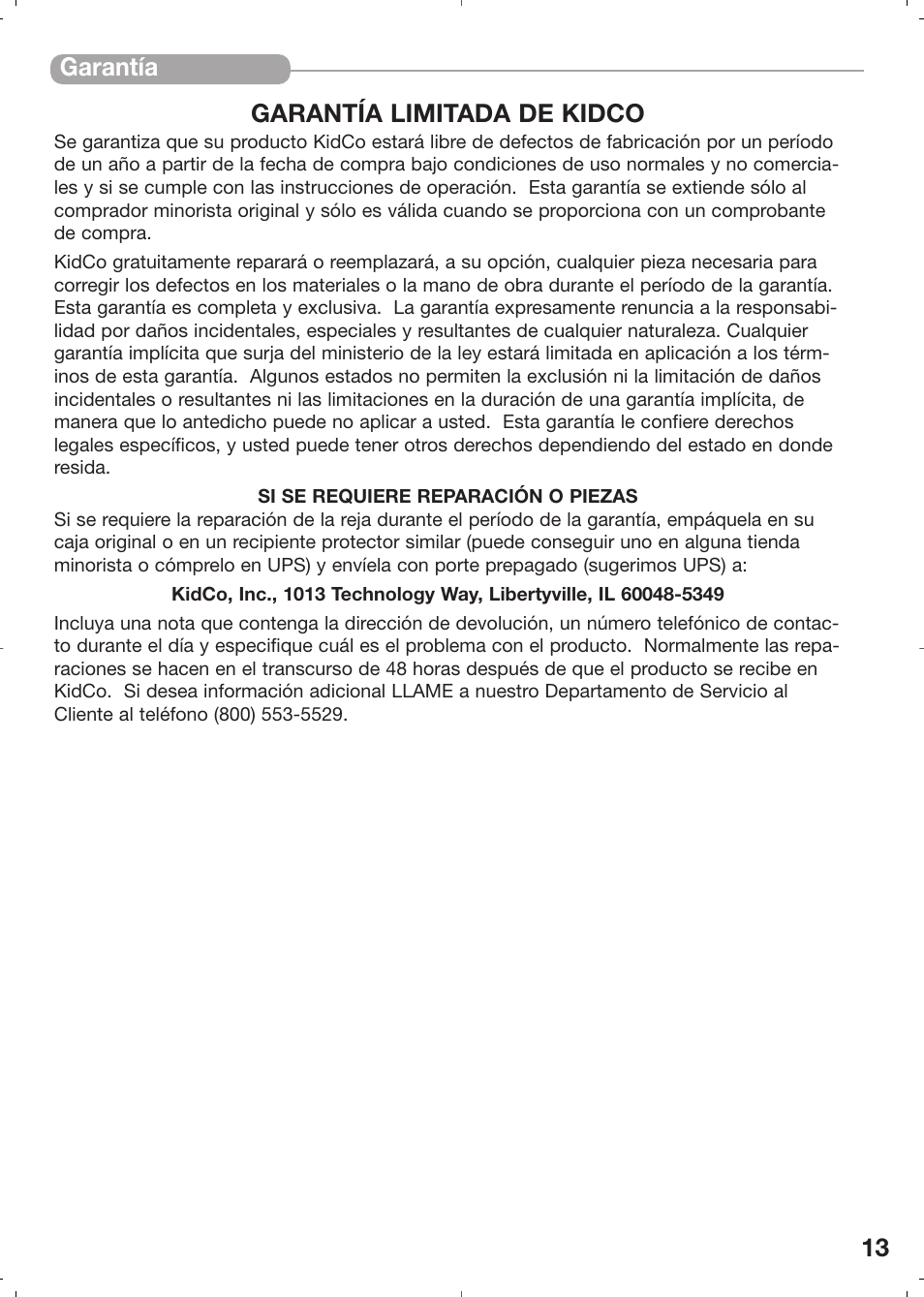 13 garantía garantía limitada de kidco | Kidco HearthGate G70d User Manual | Page 13 / 22