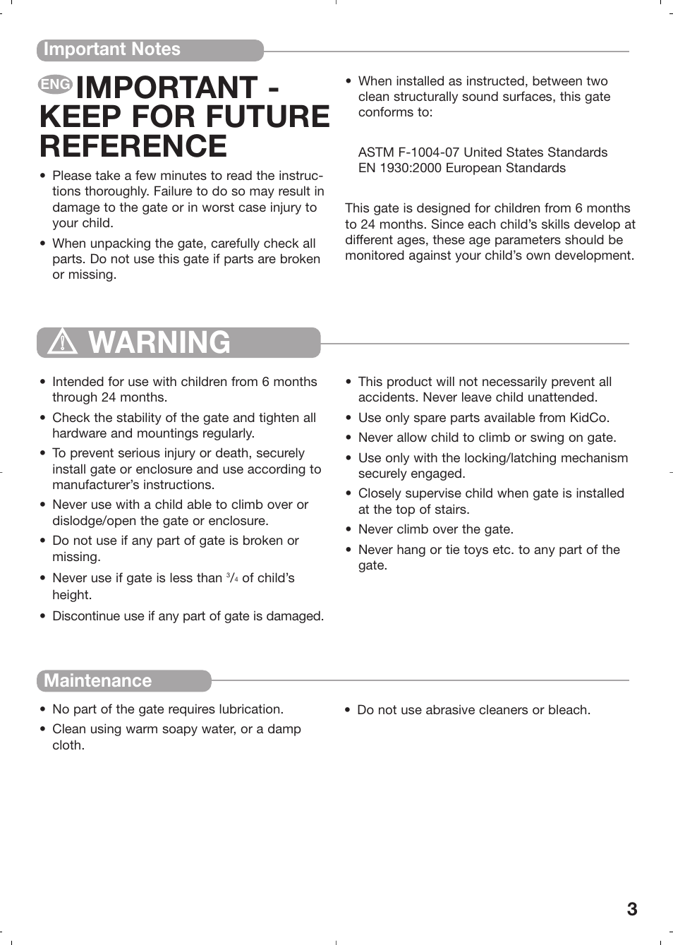 Important - keep for future reference, Warning | Kidco HearthGate G70d User Manual | Page 3 / 22