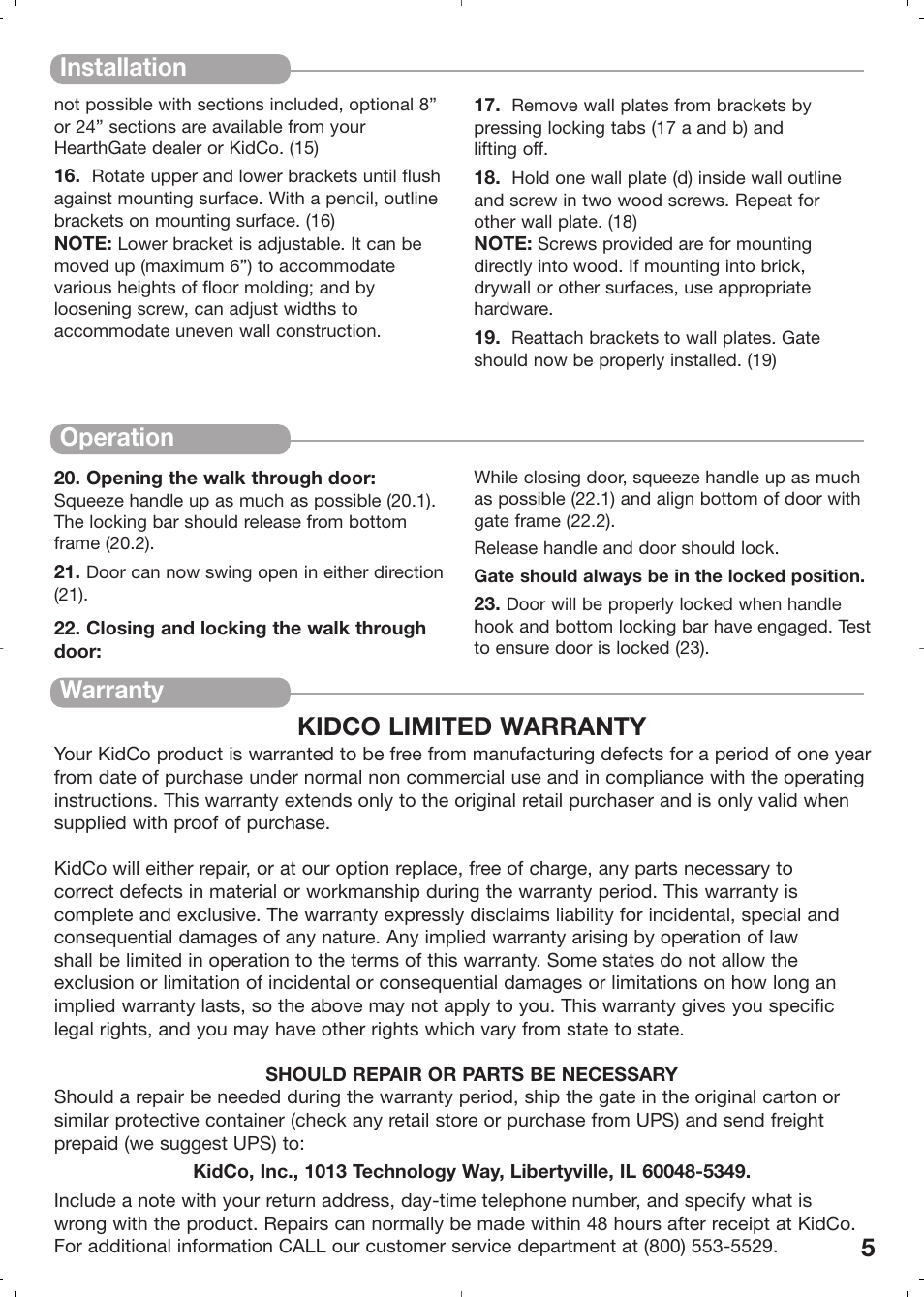 Installation, Operation warranty kidco limited warranty | Kidco HearthGate G70d User Manual | Page 5 / 22
