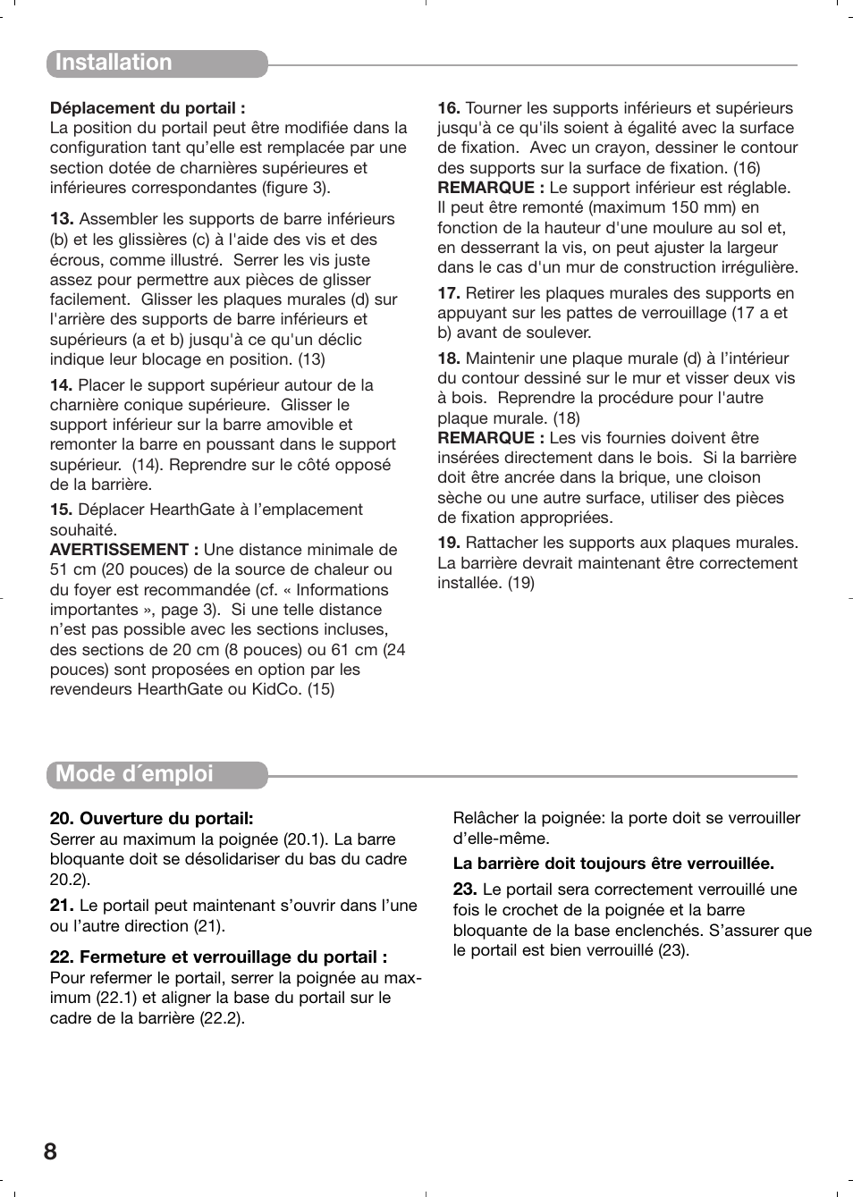 8installation, Mode d´emploi | Kidco HearthGate G70d User Manual | Page 8 / 22