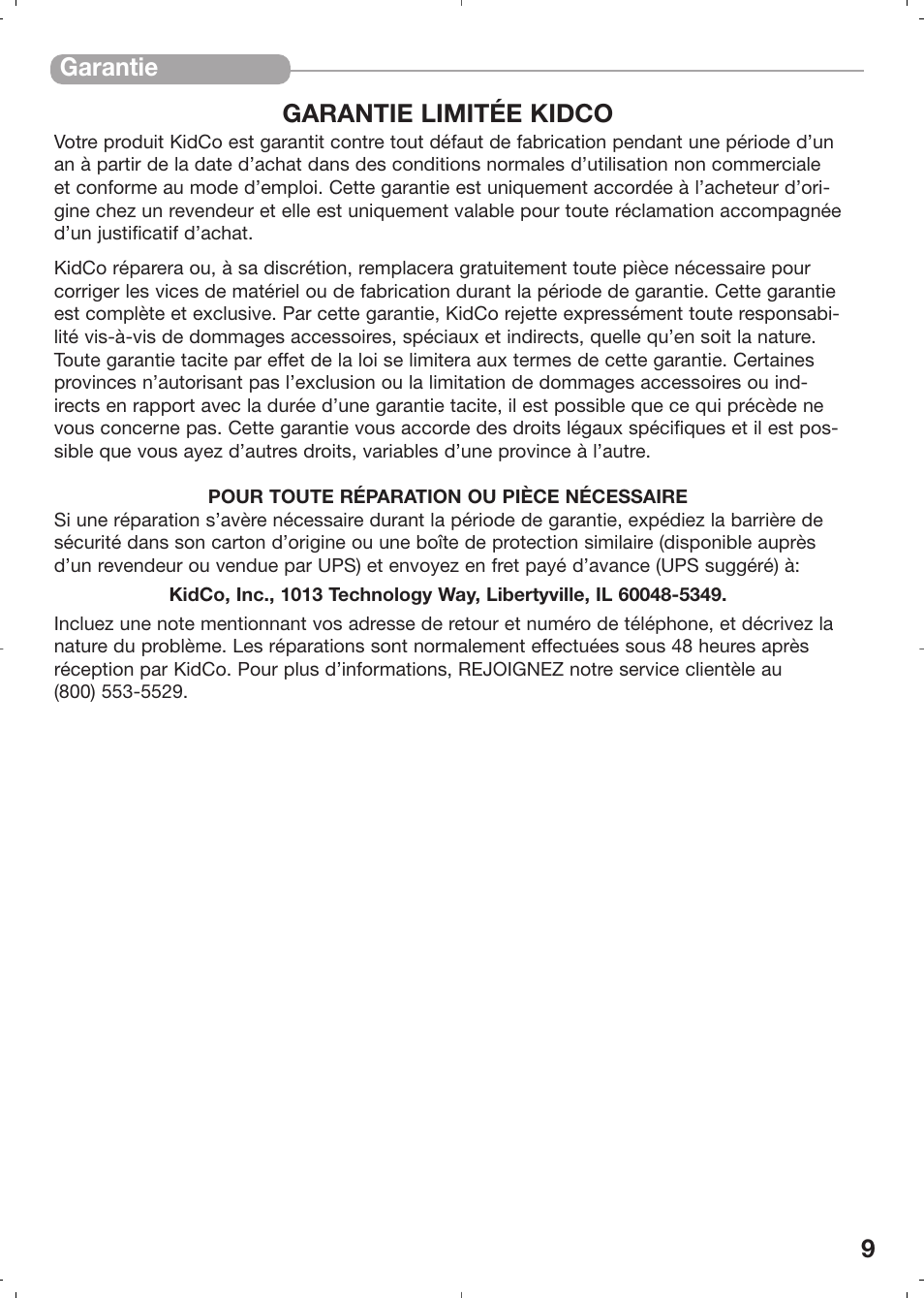 Garantie garantie limitée kidco | Kidco HearthGate G70d User Manual | Page 9 / 22