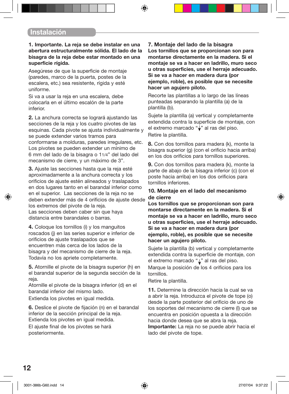 Instalación 12 instalación | Kidco G60c User Manual | Page 12 / 18