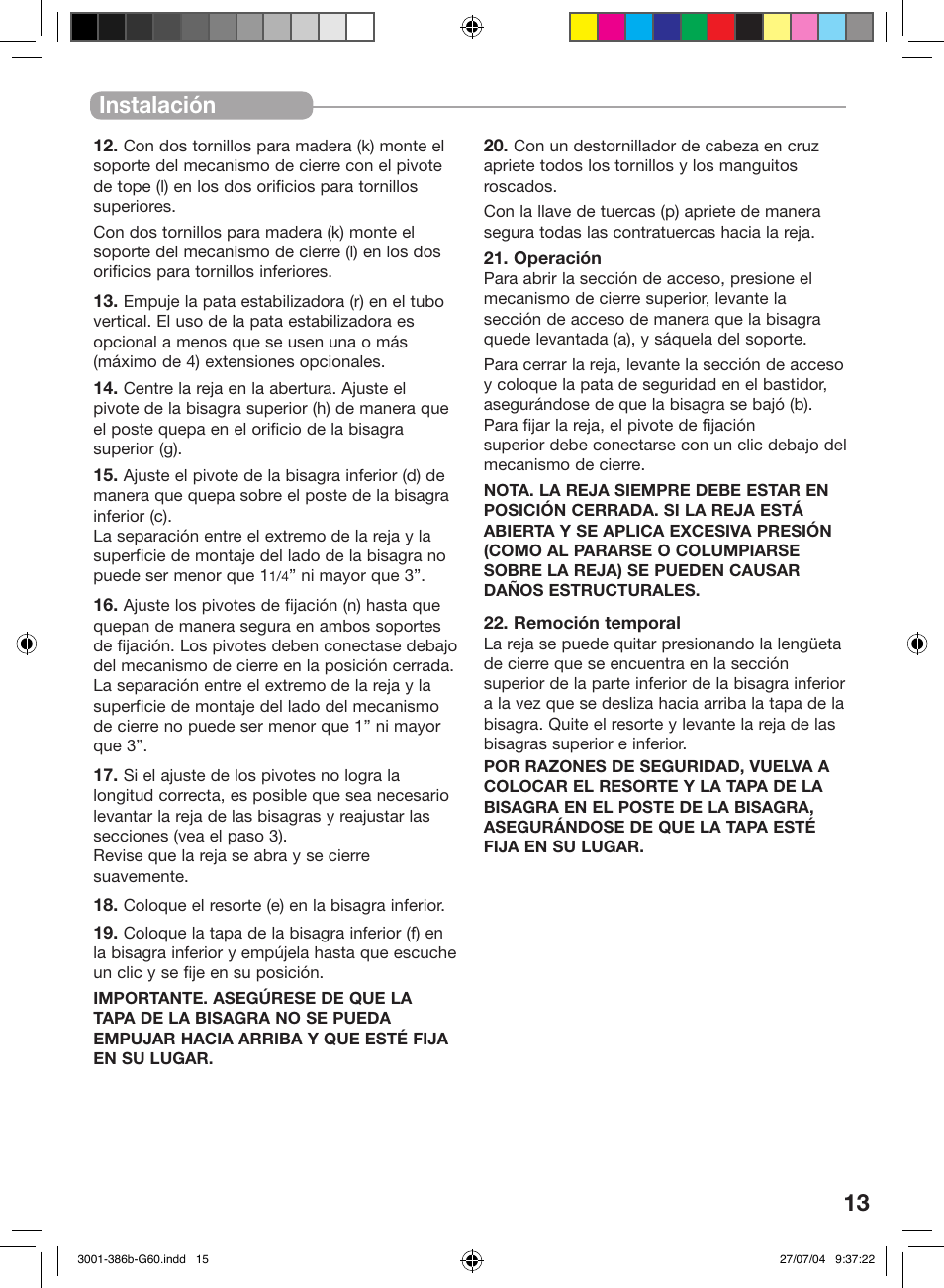 Instalación | Kidco G60c User Manual | Page 13 / 18