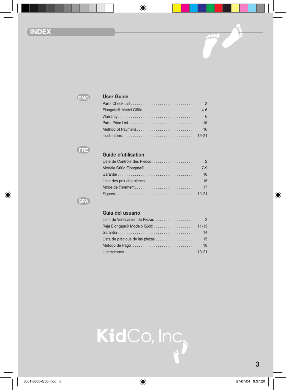 Index | Kidco G60c User Manual | Page 3 / 18