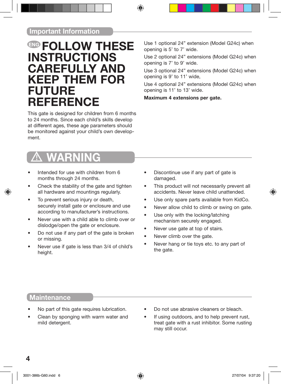 Warning, Installation 4, Important information maintenance | Kidco G60c User Manual | Page 4 / 18