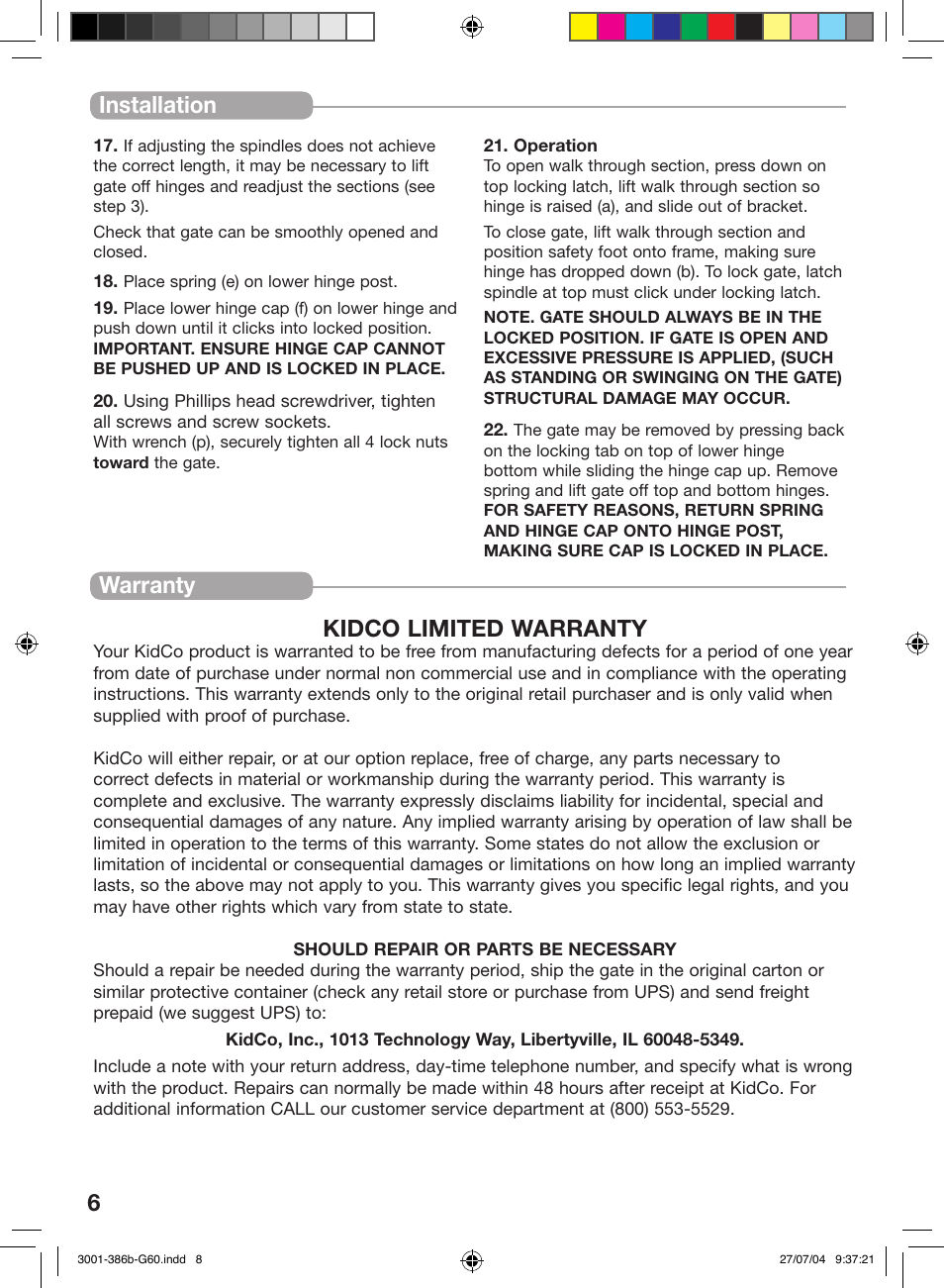 Attention, Remarques importantes entretien, 6installation | Warranty kidco limited warranty | Kidco G60c User Manual | Page 6 / 18