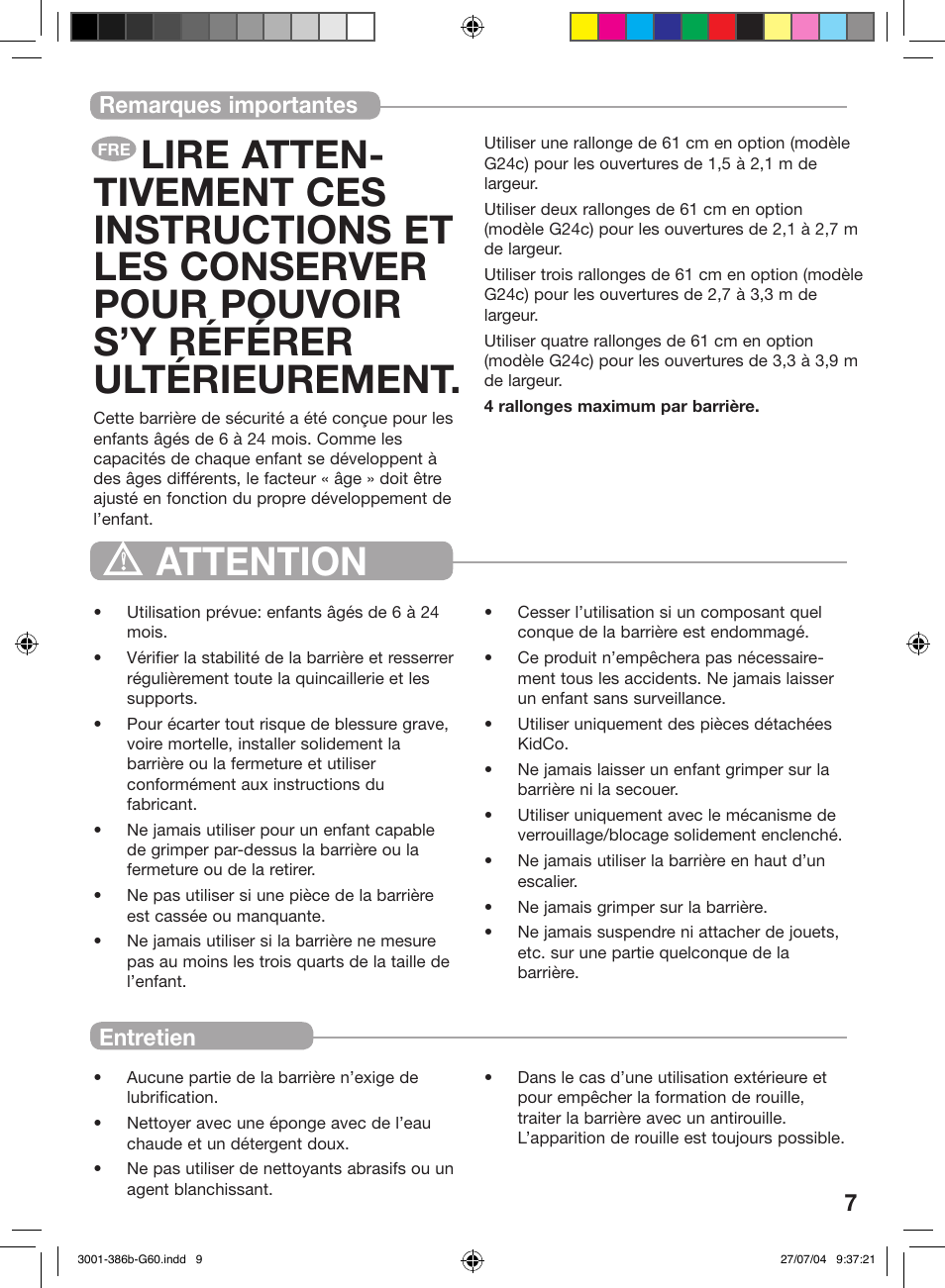 Remarques importantes entretien, 7kidco limited warranty | Kidco G60c User Manual | Page 7 / 18