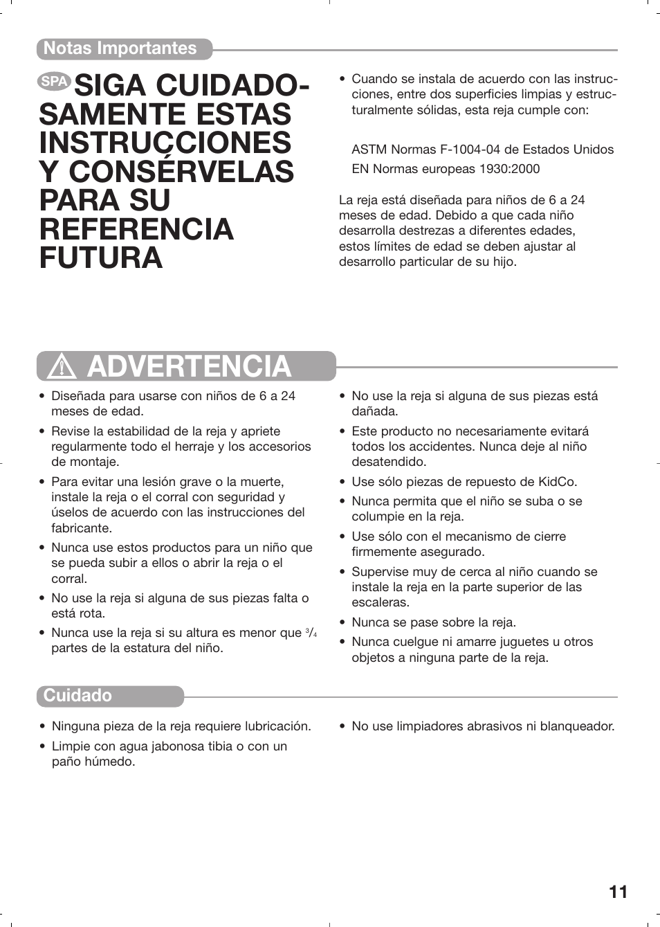 Advertencia, Notas importantes cuidado | Kidco Angle Mount Safeway Gate G22a User Manual | Page 11 / 19